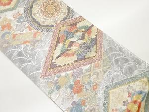 菱に向かい鳥・華紋・花々模様織出し全通袋帯